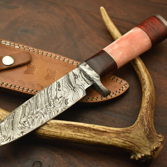 14" Handmade Damascus Bowie Knife – Camel Bone Handle, Premium Leather Sheath