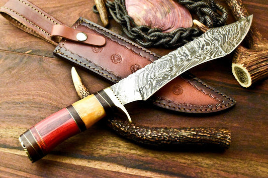 14" Handmade Damascus Bowie Knife Damascus Steel Knife With Hard Wood Handle & Sheath