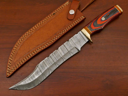 14" Handmade Damascus Bowie Knife Damascus Steel Knife With Pakka Wood Handle & Sheath