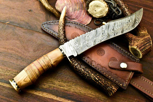 14" Handmade Damascus Bowie Knife Damascus Steel Knife With Stacked Leather Handle