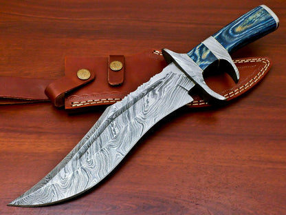 14" Handmade Damascus Bowie Knife Damascus Steel Knife With Sub Hilt & Hard Wood Handle
