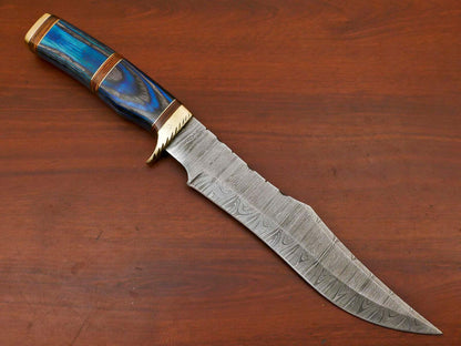 14" Handmade Damascus Bowie Knife Damascus Steel Knife with Hardwood Handle & Brass Guard