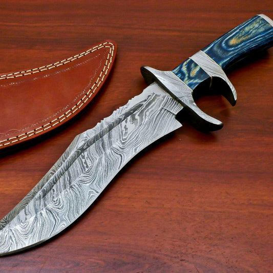14" Handmade Damascus Bowie Knife | Sub Hilt & Hard Wood Handle