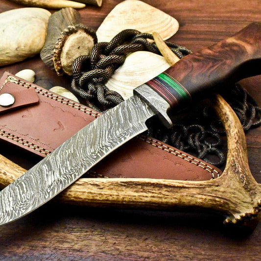 14" Handmade Damascus Bowie Knife | Walnut Wood Handle