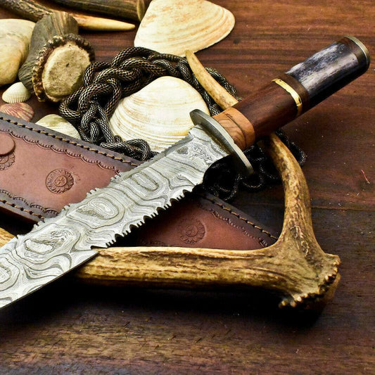 14" Handmade Damascus Bowie Knife – Walnut Wood Handle & Leather Sheath