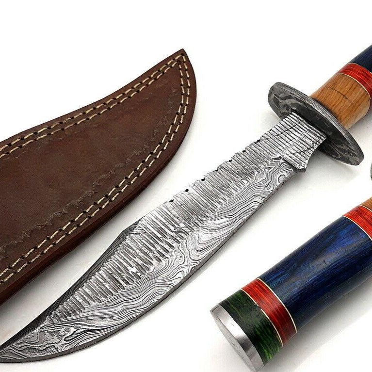 14" Handmade Damascus Bowie Knife with Hardwood Handle & Leather Sheath