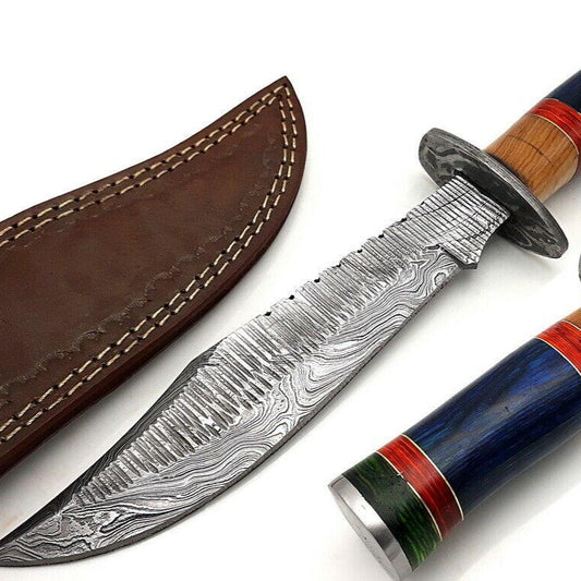 14" Handmade Damascus Bowie Knife with Hardwood Handle & Leather Sheath