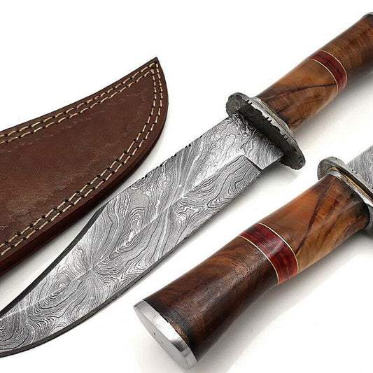 14" Handmade Damascus Bowie Knife with Walnut Wood Handle & Leather Sheath