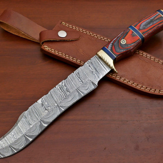 14" Handmade Damascus Bowie – Pakka Wood Handle & Brass Guard with Leather Sheath