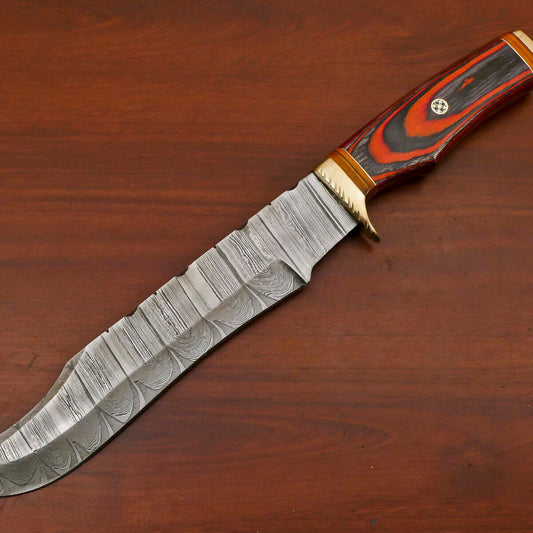 14" Handmade Damascus Bowie – Pakka Wood Hunting Knife with Brass Guard