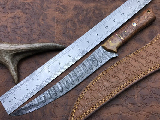 14" Handmade Damascus Fillet Knife Custom Fillet Knife with Sheath
