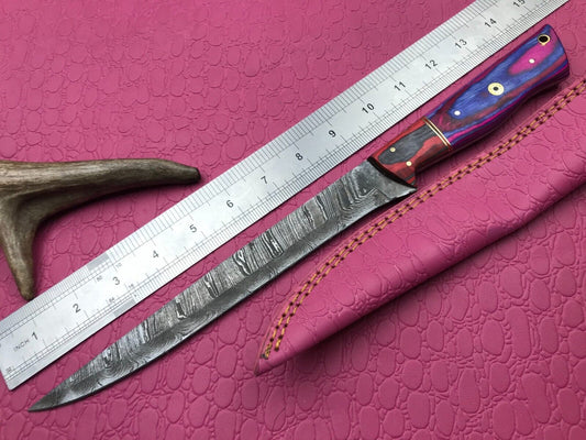 14" Handmade Damascus Fillet Knife  Damascus Steel Knife W/Sheath