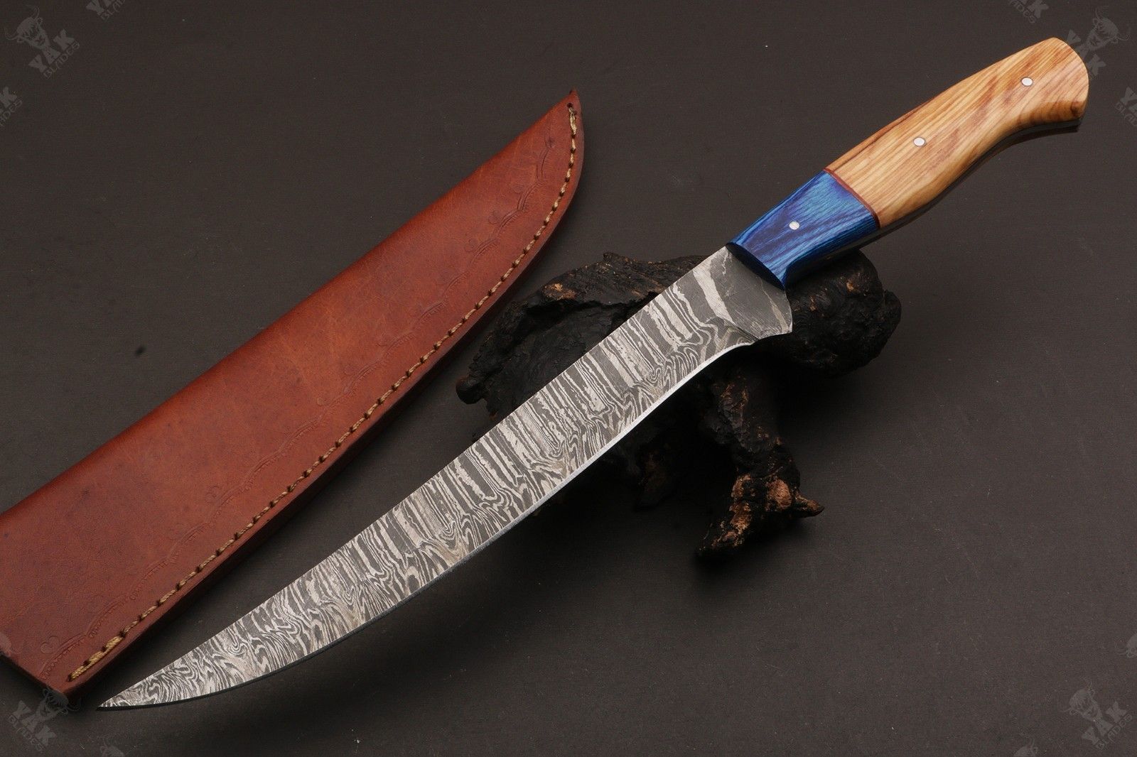 14" Handmade Damascus Fillet Knife Fire Damascus Steel Fillet Knife W/Sheath