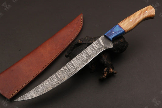 14" Handmade Damascus Fillet Knife Fire Damascus Steel Fillet Knife W/Sheath