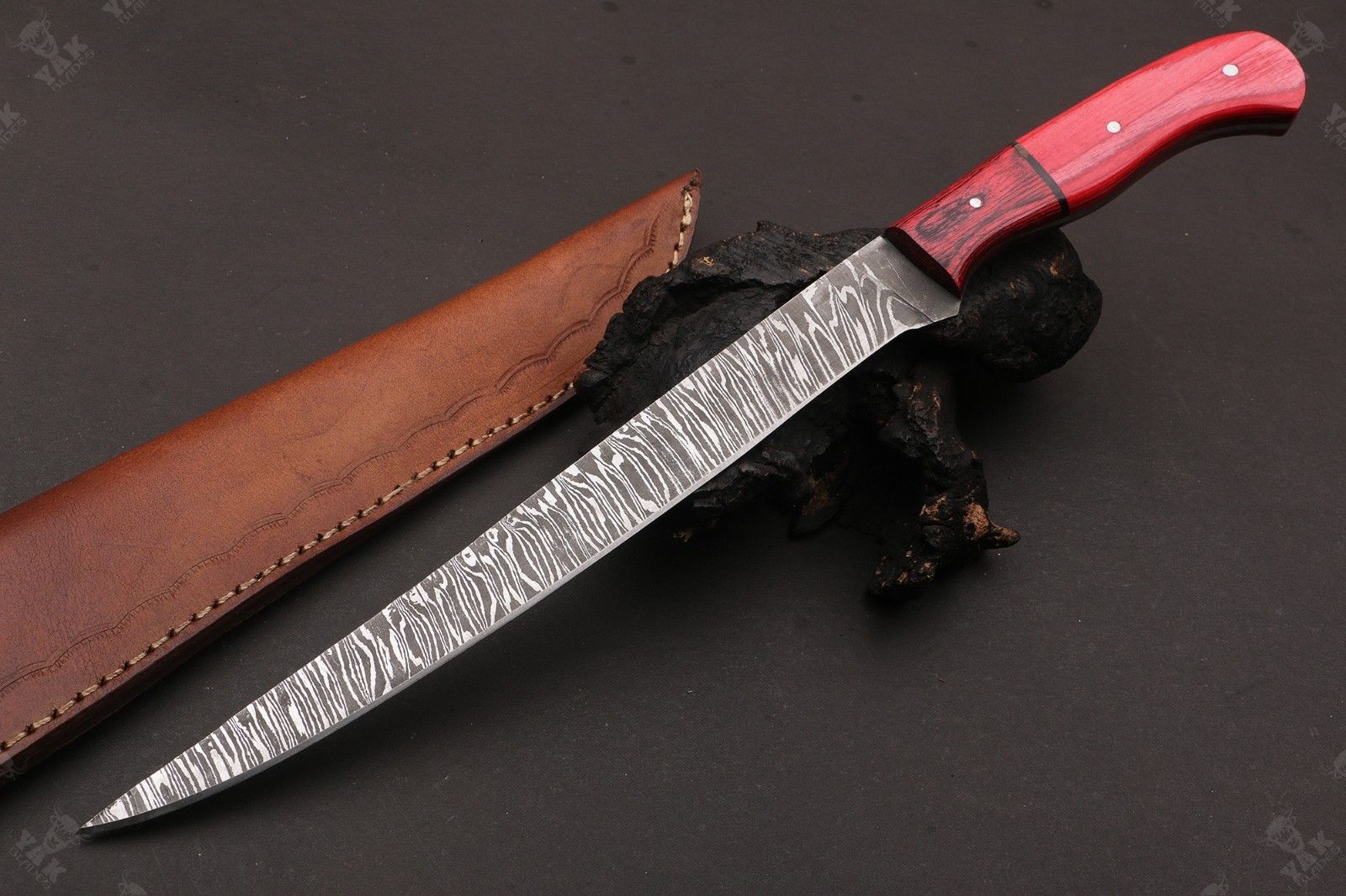 14" Handmade Damascus Fillet Knife Fire Damascus Steel Fillet Knife With Leather Sheath