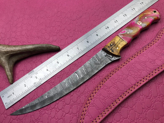 14" Handmade Damascus Skinner Knife Custom Fillet Knife with Leather Sheath