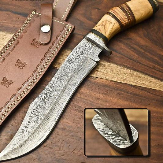 14" Handmade Damascus Steel Bowie Hunting Knife – Walnut Wood Handle & Leather Sheath