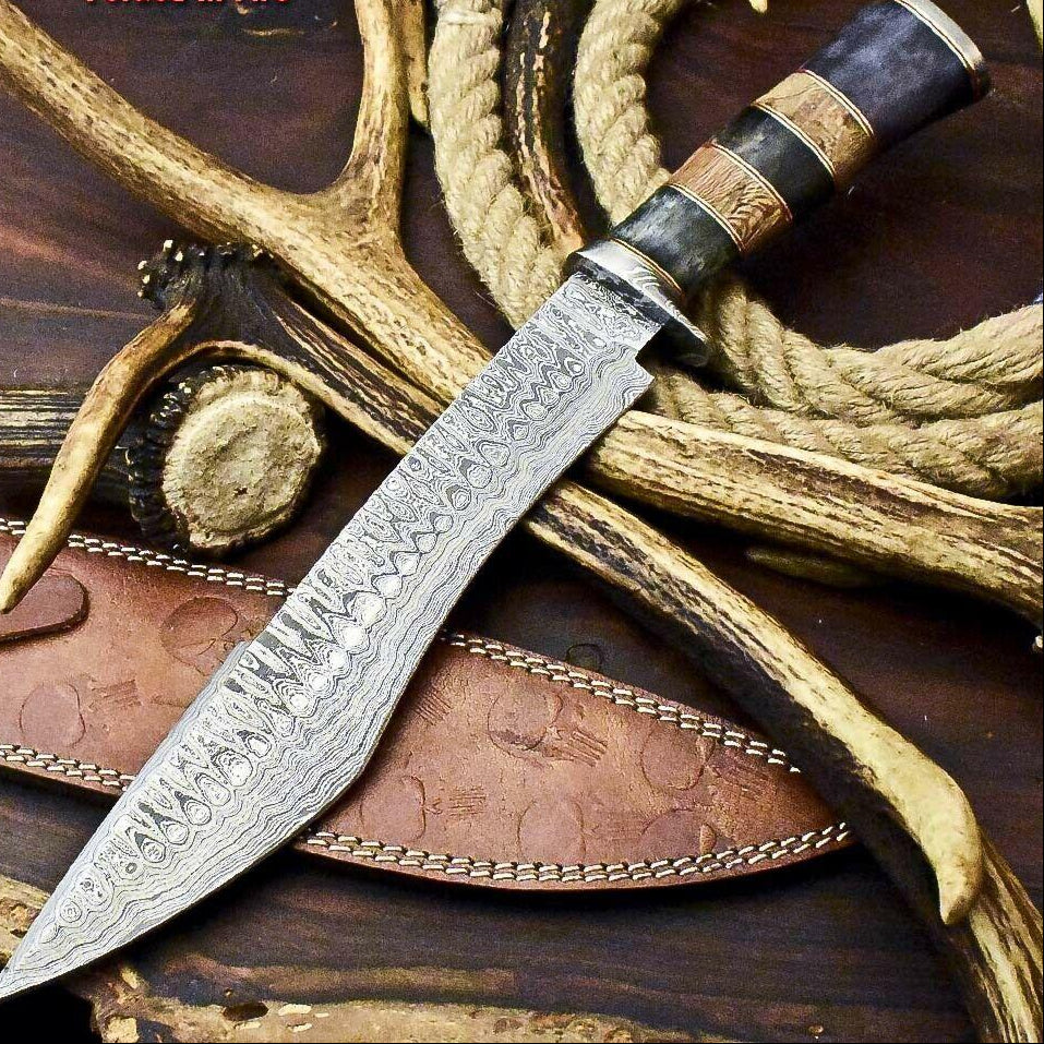 14" Handmade Damascus Steel Bowie Knife – Camel Bone Handle Hunting Knife