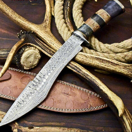 14" Handmade Damascus Steel Bowie Knife – Camel Bone Handle Hunting Knife