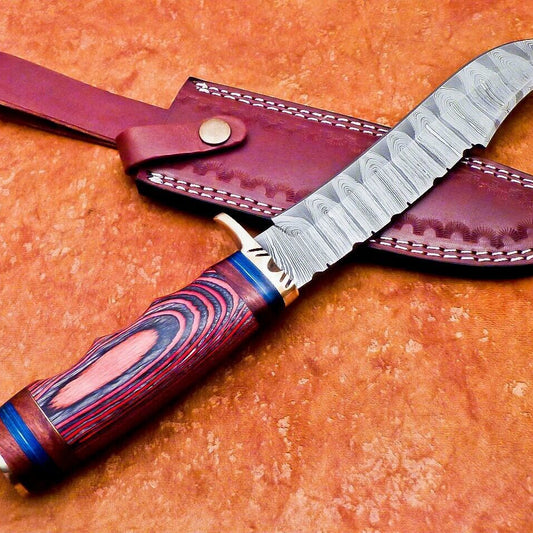 14" Handmade Damascus Steel Bowie Knife – Hardwood Handle 