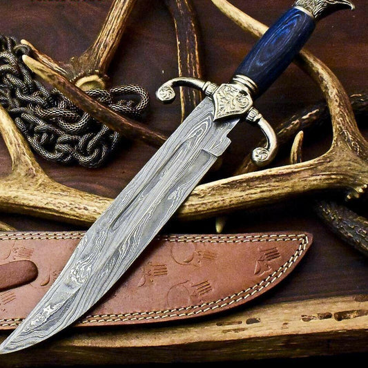 14" Handmade Damascus Steel Bowie Knife – Hardwood Handle with Leather Sheath