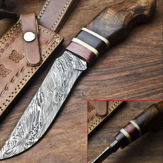 14" Handmade Damascus Steel Bowie Knife – Walnut Wood Handle