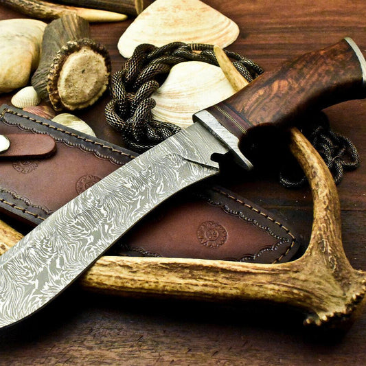 14" Handmade Damascus Steel Bowie Knife – Walnut Wood Handle with Leather Sheath