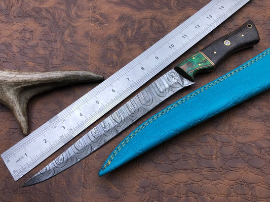 14" Handmade Damascus Steel Camping Fillet Knife With Pakka Wood Handle & Sheath
