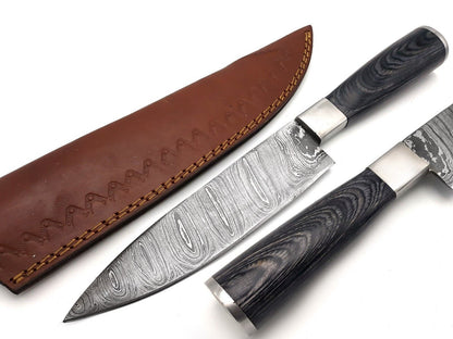 14" Handmade Damascus Steel Chef Knife – Forged Kitchen & Outdoor Camp Knife with Leather Sheath