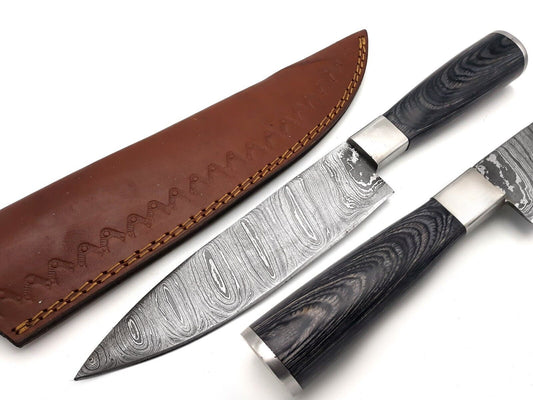 14" Handmade Damascus Steel Chef Knife – Forged Kitchen & Outdoor Camp Knife with Leather Sheath