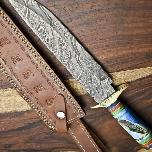 14" Handmade Damascus Steel Hunting Bowie Knife – Camel Bone Handle with Leather Sheath