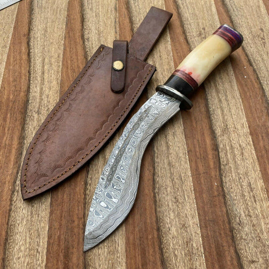 14" Handmade Damascus Steel Knife Damascus Bowie Knife With Bone & Pakka Wood Handle