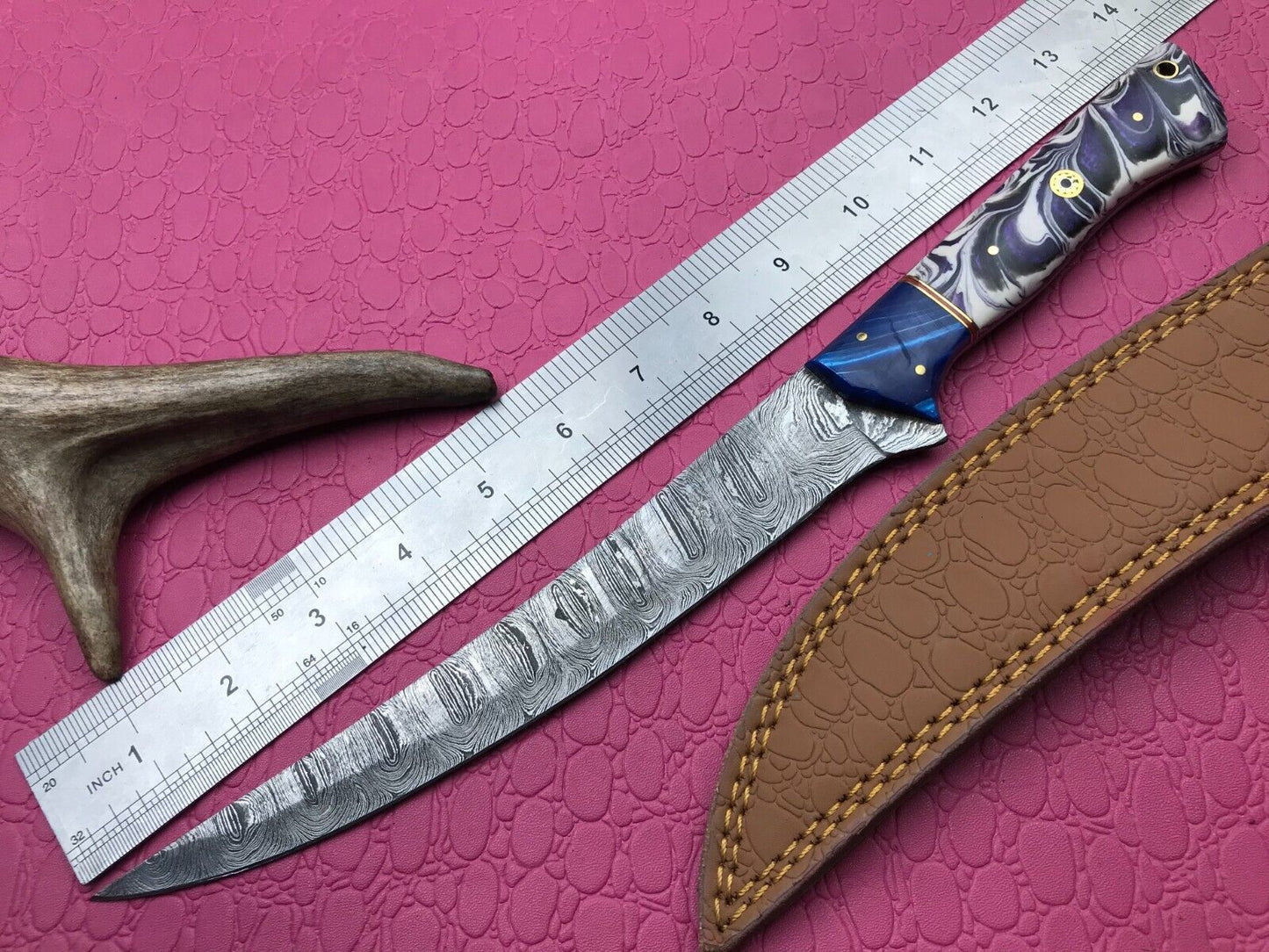 14" Handmade Damascus Steel Knife Fillet Knife Resin Handle W/Sheath 