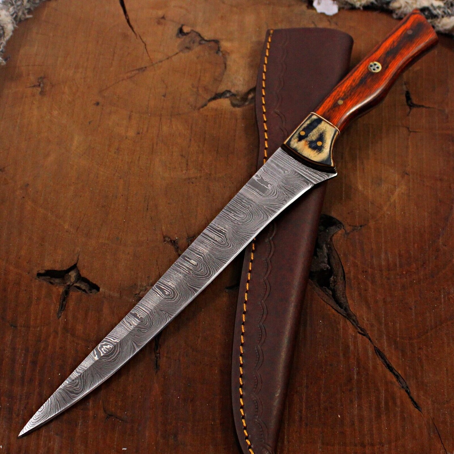 14" Handmade Fillet Knife Custom Damascus Steel Chef & Fishing Knife with Wood Handle
