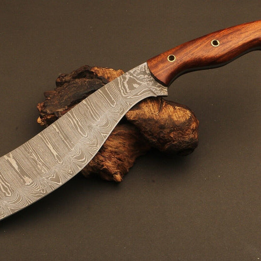 14" Handmade Fire Damascus Steel Machete Bowie Knife – Natural Wood Handle