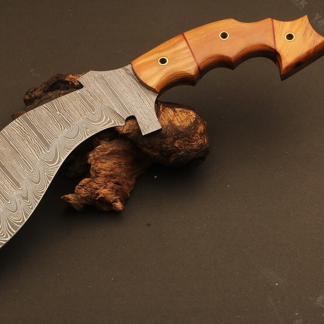 14" Handmade Ladder Damascus Steel Kukri Bowie Knife – Wood Handle with Sheath