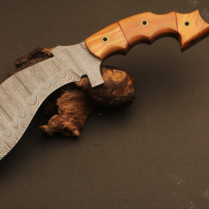 14" Handmade Ladder Damascus Steel Kukri Bowie Knife – Wood Handle with Sheath