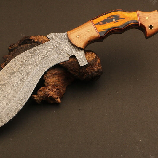 14" Handmade Raindrop Damascus Steel Kukri Hunting Knife – Natural Wood & Brass Handle