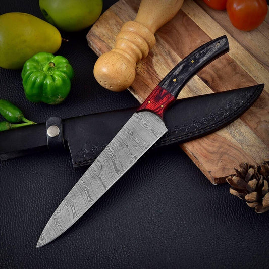 14 Inch Custom Handmade Damascus Steel Chef Kitchen Knife with Leather Sheath