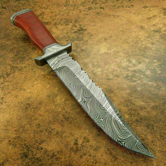 14 Inch Damascus Bowie Hunting Knife with Micarta Handle and Damascus Guard