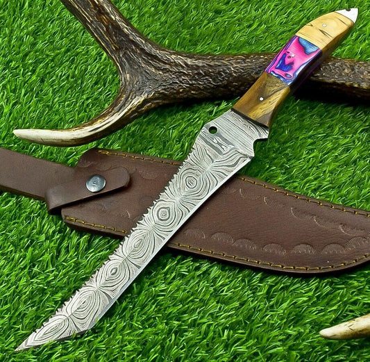 14 Inch Damascus Steel Bowie Knife with Natural Wood Handle