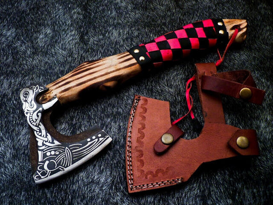 14 Inch Hand Forged Carbon Steel Viking Bearded Axe with Natural Wood Handle and Leather Sheath
