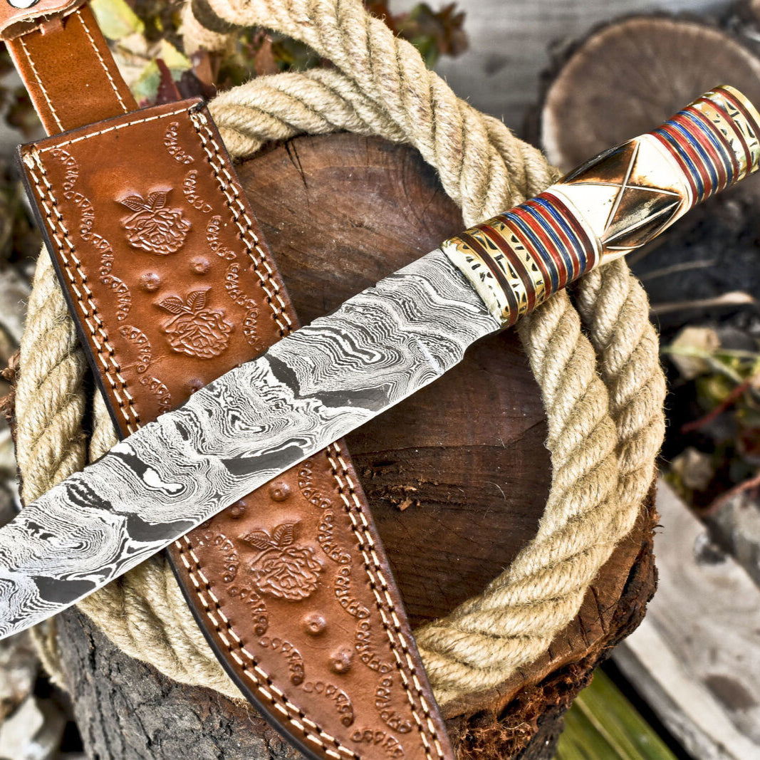 14 Inch Hand Forged Damascus Steel Bowie Knife Camel Bone Handle Brass Bolster