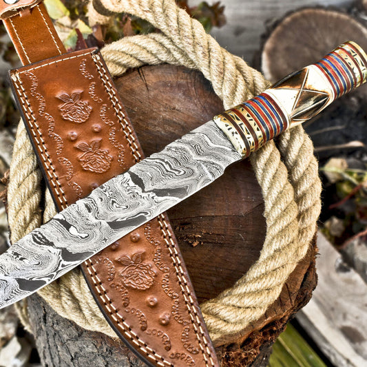 14 Inch Hand Forged Damascus Steel Bowie Knife Camel Bone Handle Brass Bolster