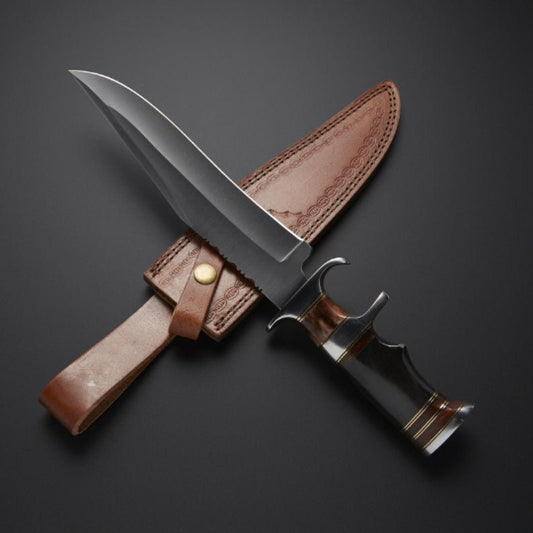 14 Inch Handmade D2 Steel Hunting Bowie Knife with Horn Handle and Leather Sheath