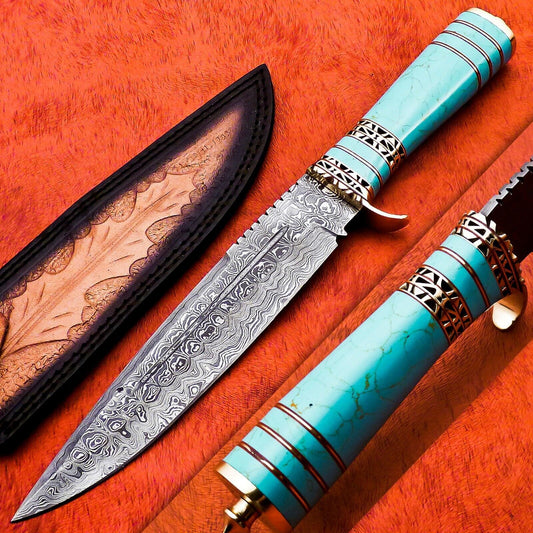 14 Inch Handmade Damascus Camping Hatchet Knife with Ryzen Handle and Sheath
