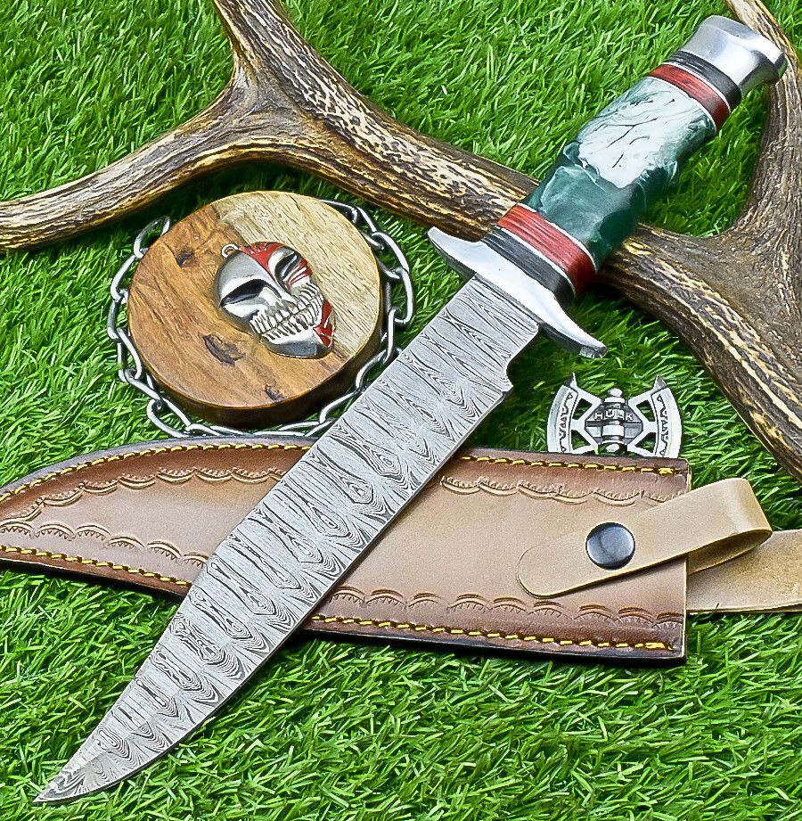 14 Inch Handmade Damascus Steel Bowie Knife with Resin Handle and Steel Bolster