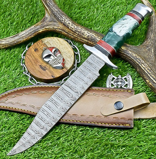 14 Inch Handmade Damascus Steel Bowie Knife with Resin Handle and Steel Bolster