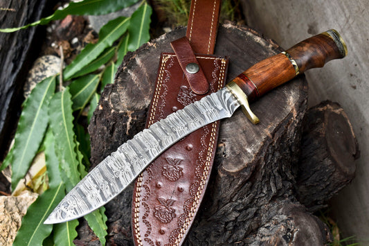 14 Inch Handmade Damascus Steel Bowie Knife with Walnut Wood Handle by Heritage Forge