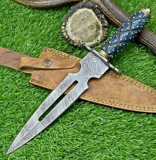 14 Inch Handmade Damascus Steel Hunting Dagger Knife with Hardwood Handle and Sheath